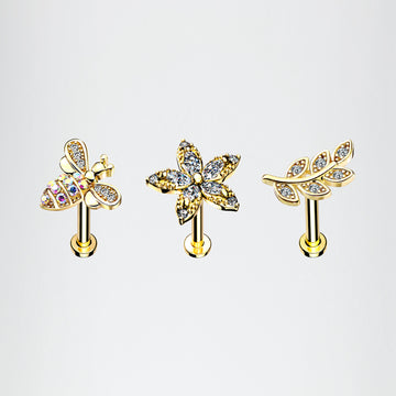 3 Pcs Pack of Assorted Golden Honey Bee Flower Leaf Internally Threaded Labret
